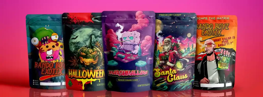 A diverse assortment of cannabis products displayed showcasing various forms and packaging including Mylar bags for freshness